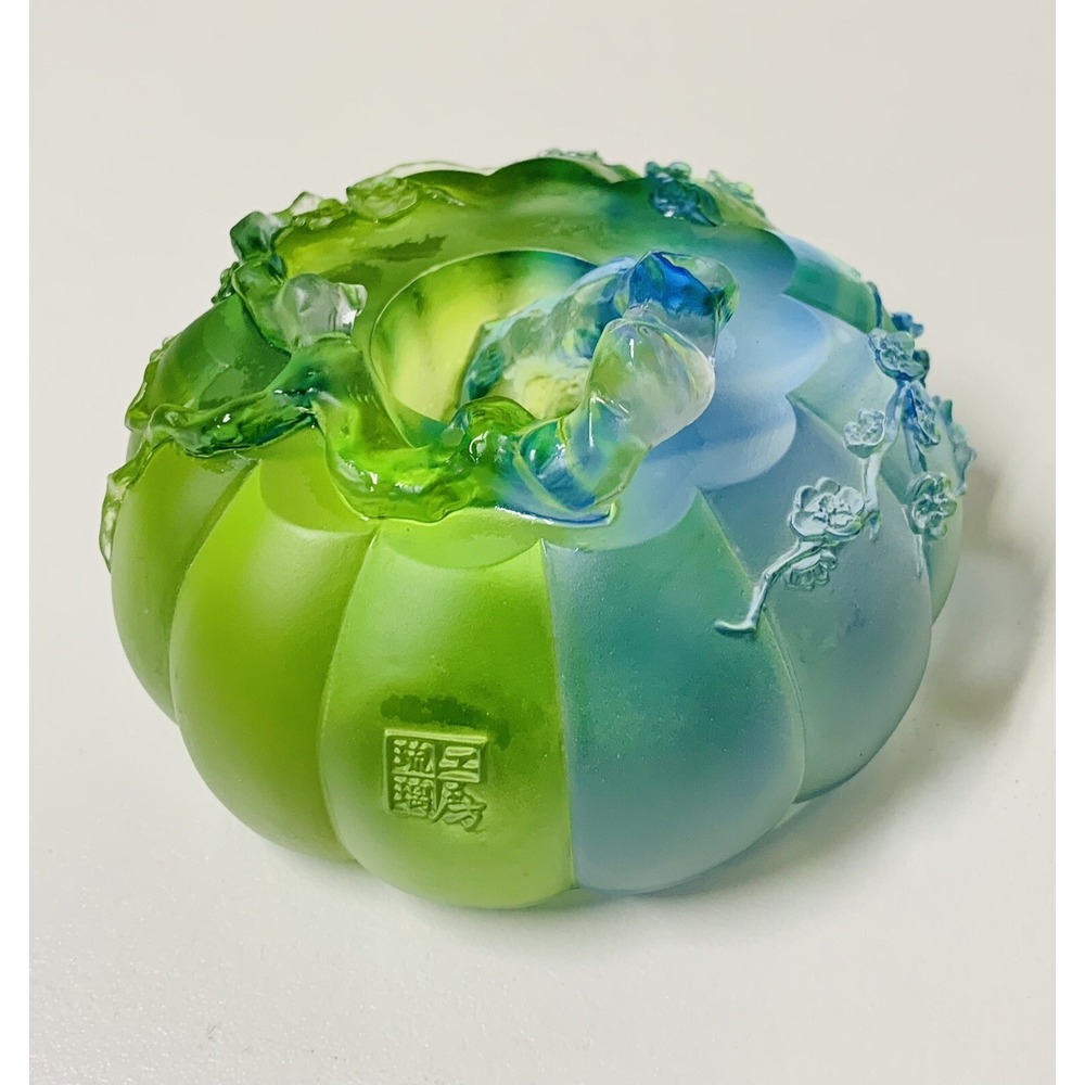 VTG '98 Liuligongfang Asian Green Blue Crystal Art Lotus Decorative Signed RARE! - Picture 5 of 12